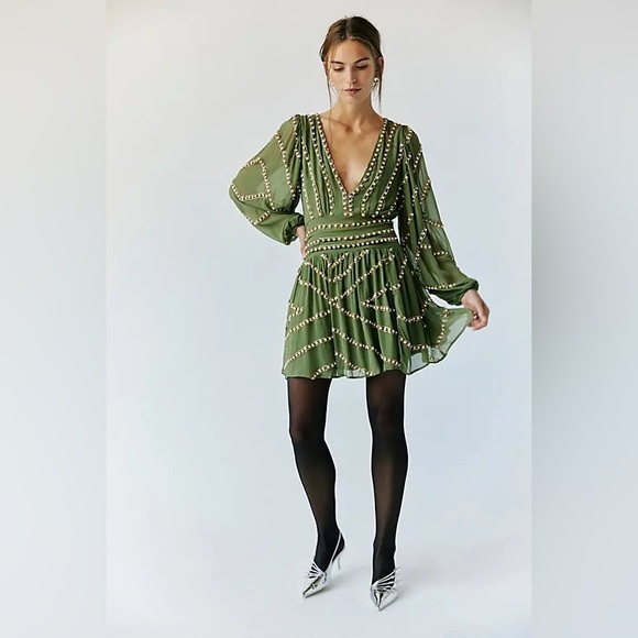 Free People JEN'S PIRATE BOOTY Olive Green Beaded V-Neck Mini Dress - Picture 4 of 11